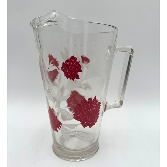 Vintage Heavy Glass Pitcher Clear Glass Pitcher Red Floral Print with Ice Lip - Picture 1 of 7